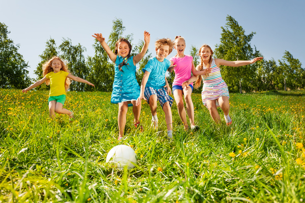 Children kicking the ball on the grass Stock Photo 02