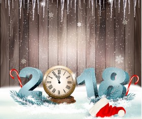 Christmas background with 2018 new year and clock wooden background vector