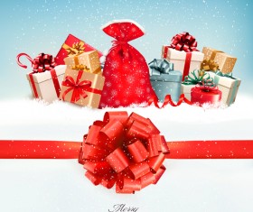 Christmas background with colorful gift boxes and red gift bow vector