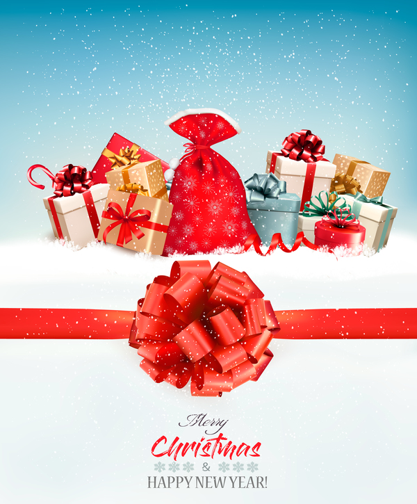 Christmas background with colorful gift boxes and red gift bow vector