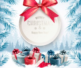 Christmas background with presents and gift card vector 01
