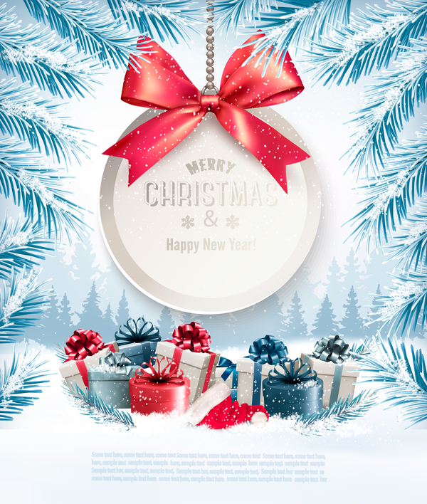 Christmas background with presents and gift card vector 01