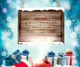 Christmas background with wooden board and presents vector 01