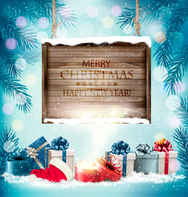 Christmas background with wooden board and presents vector 01