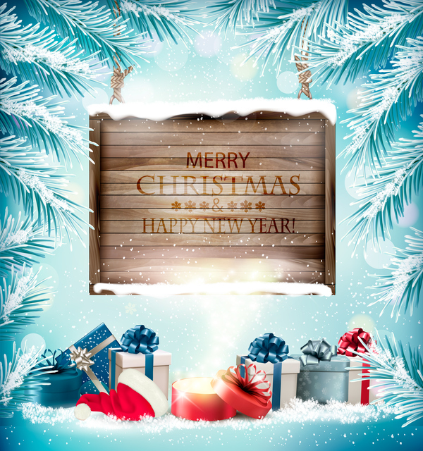 Christmas background with wooden board and presents vector 02