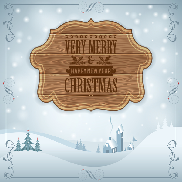 Christmas background with wooden board sign vector 01