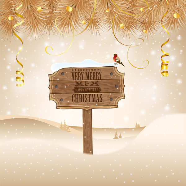 Christmas background with wooden board sign vector 10