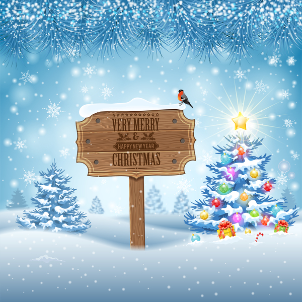Christmas background with wooden board sign vector 12