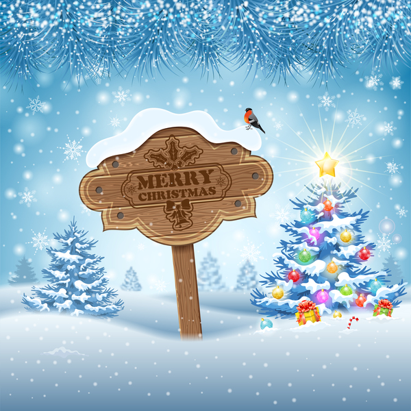Christmas background with wooden board sign vector 14