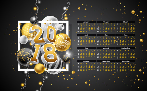 Christmas balls with 2018 calendar template vector 02