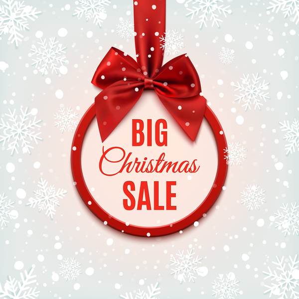 Christmas big sale with red bow and snow background vector