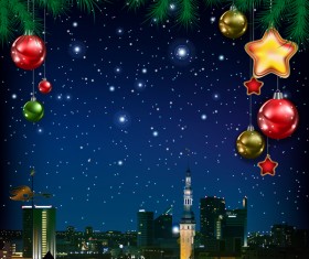 Christmas blue greeting card with pine branch and panorama of city vector