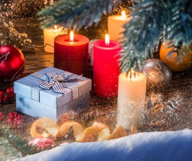 Christmas candlelight and decorative balls gift box Stock Photo