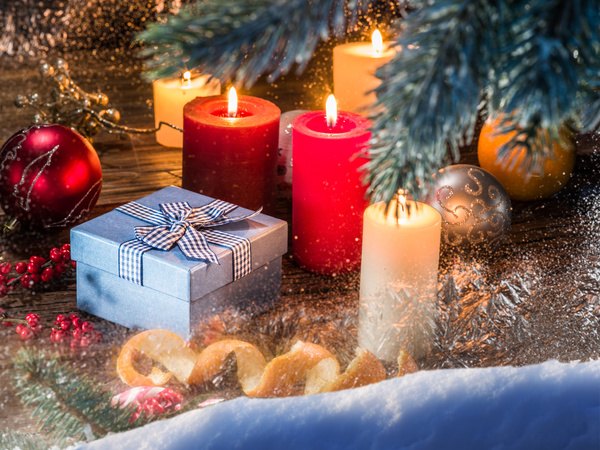 Christmas candlelight and decorative balls gift box Stock Photo