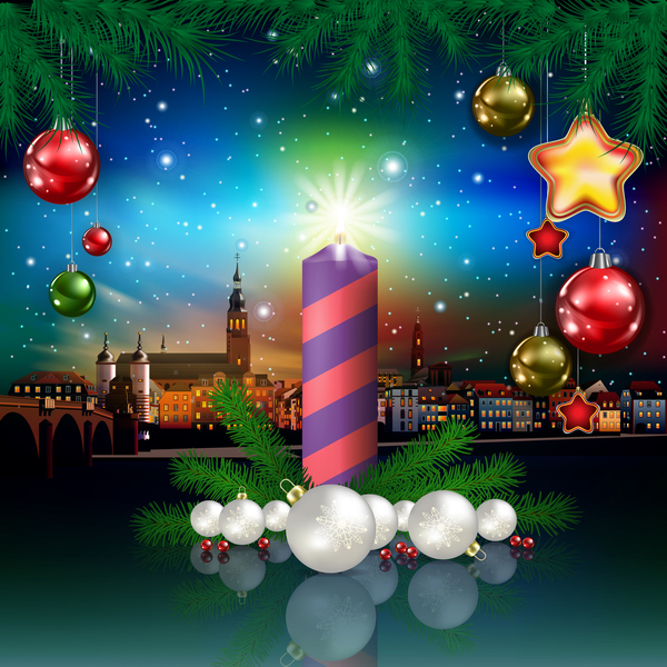 Christmas greeting card with panorama of city vector 01