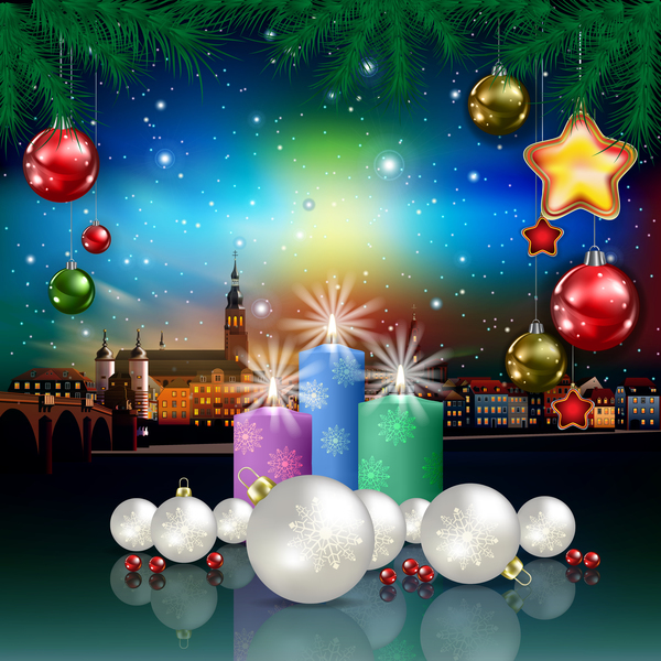 Christmas greeting card with panorama of city vector 02