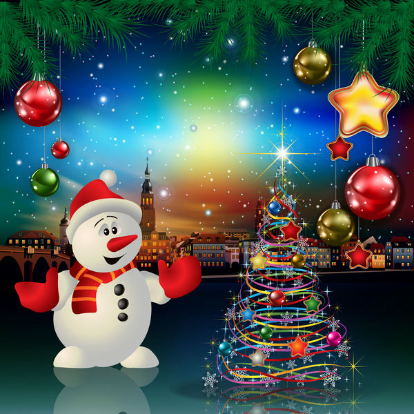 Christmas greeting card with panorama of city vector 04