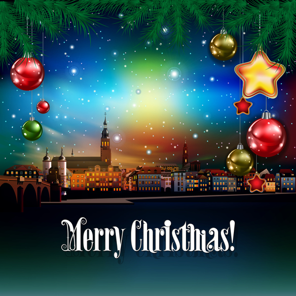 Christmas greeting card with panorama of city vector 06