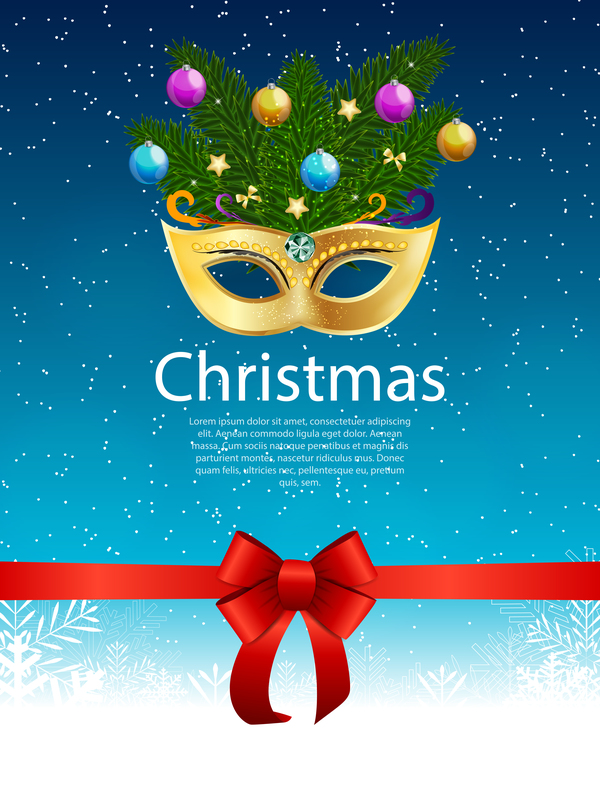 Christmas party poster template with red bow and mask vector 01