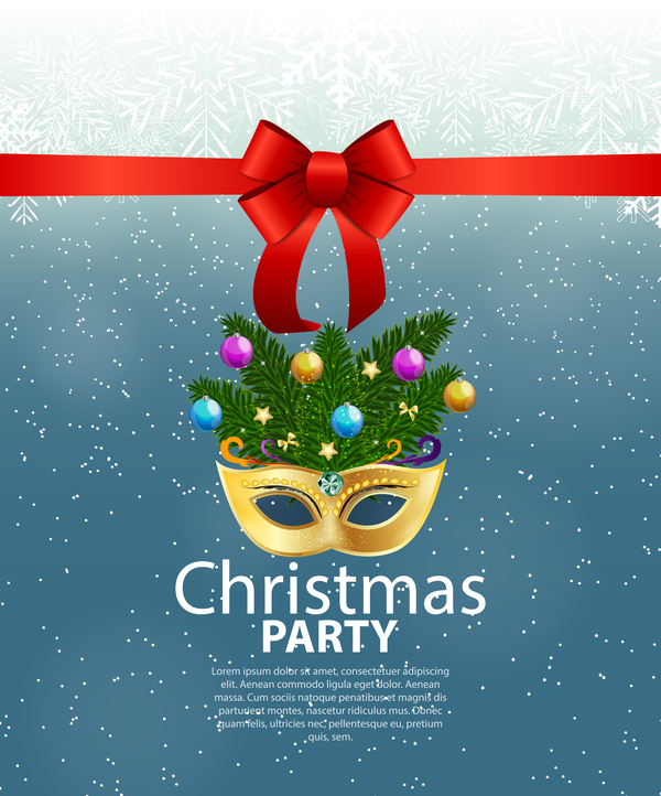 Christmas party poster template with red bow and mask vector 02
