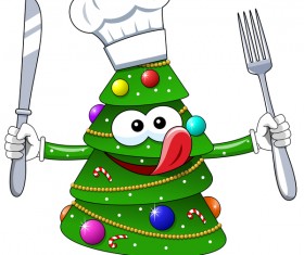Christmas tree with cartoon cook vector 02