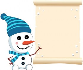 Cute snowman with paper scrolls background vector
