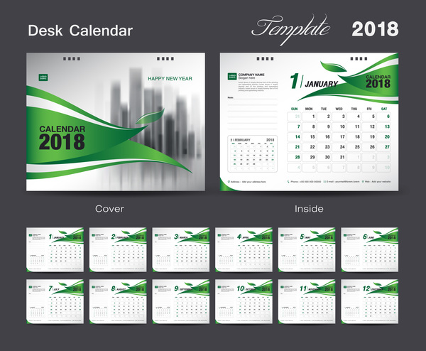 Desk Calendar 2018 green template vector material 01