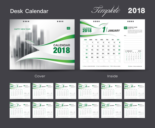 Desk Calendar 2018 green template vector material 02