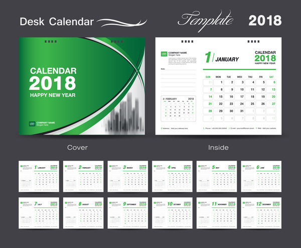 Desk Calendar 2018 green template vector material 03 free download