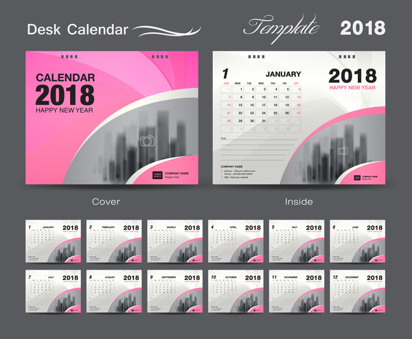 Desk Calendar 2018 template design with pink cover vector 01