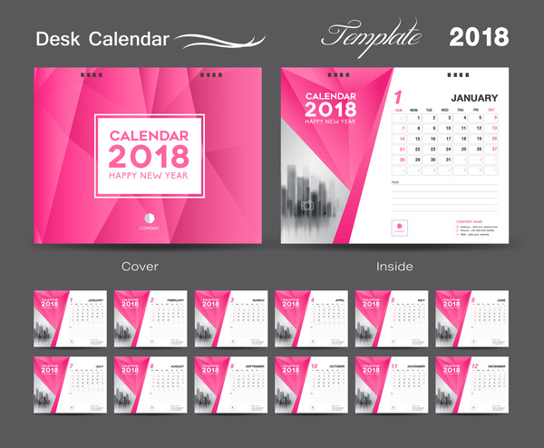 Desk Calendar 2018 template design with pink cover vector 02