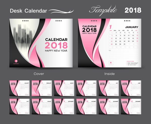 Desk Calendar 2018 template design with pink cover vector 03