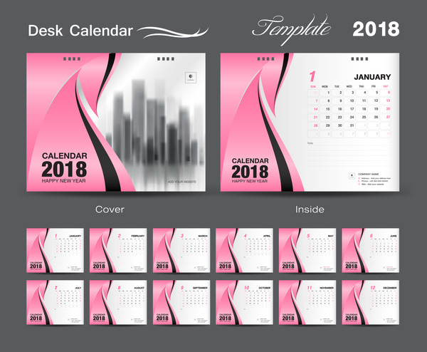 Desk Calendar 2018 template design with pink cover vector 04
