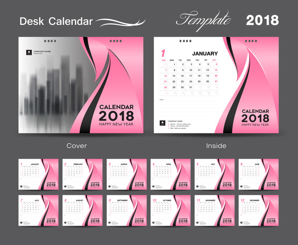 Desk Calendar 2018 template design with pink cover vector 05
