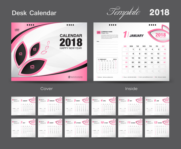 Desk Calendar 2018 template design with pink cover vector 14