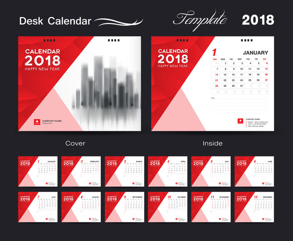 Desk Calendar 2018 template red cover design vector 02