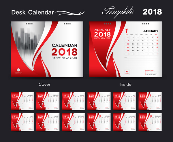 Desk Calendar 2018 template red cover design vector 03