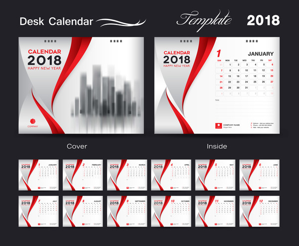 Desk Calendar 2018 template red cover design vector 04