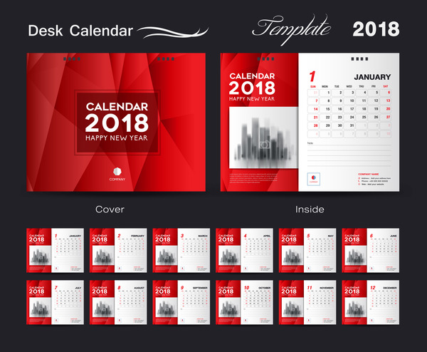 Desk Calendar 2018 template red cover design vector 05