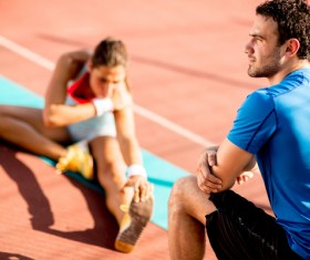 Do stretching exercise girls and male coaches Stock Photo