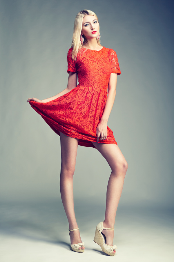 Female model wearing red skirt Stock Photo 02