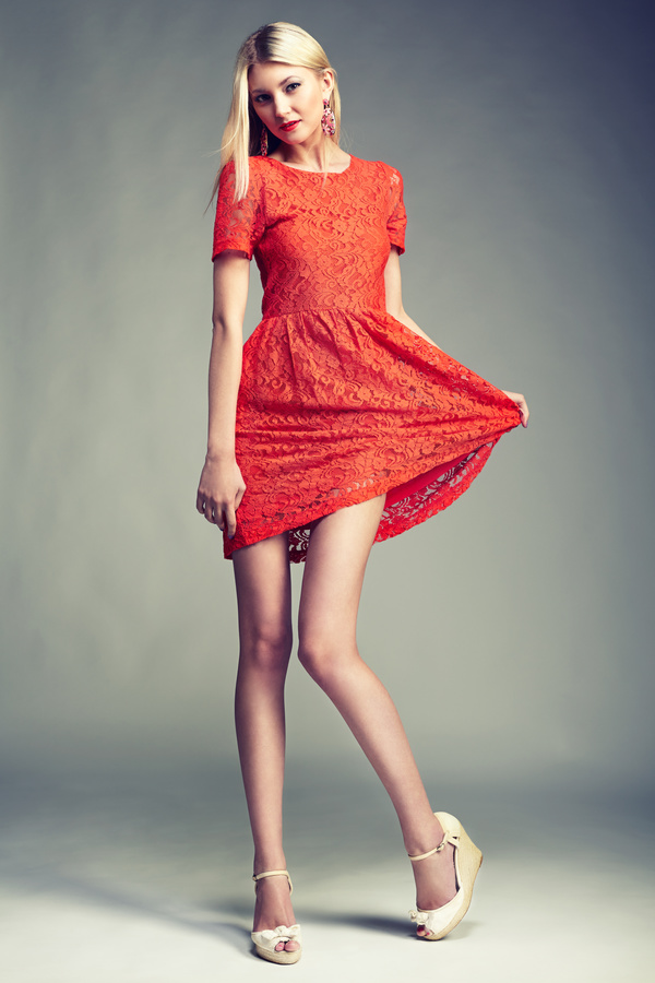 Female model wearing red skirt Stock Photo 05