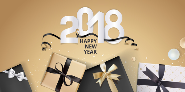 Golden 2018 new year background with gift boxs vector 01