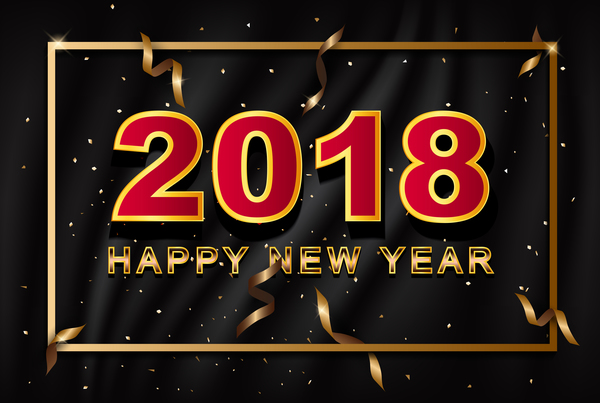 Golden 2018 new year frame with black wavy background vector