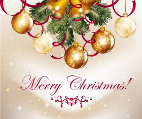 Golden christmas balls with spruce branches and xmas background vector 01