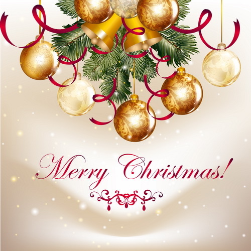 Golden christmas balls with spruce branches and xmas background vector 01