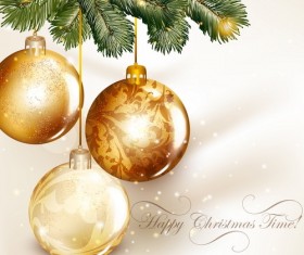 Golden christmas balls with spruce branches and xmas background vector 02