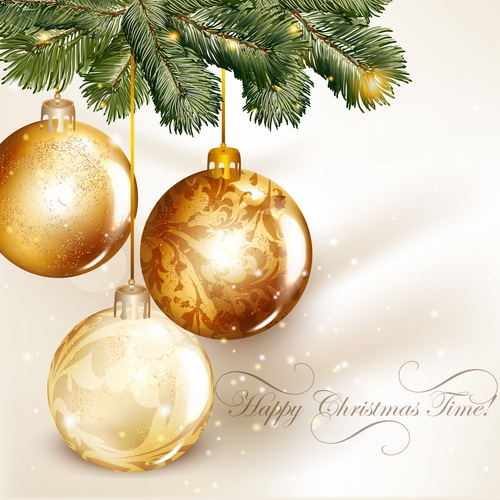 Golden christmas balls with spruce branches and xmas background vector ...