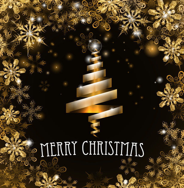 Golden snow with ribbon christmas tree vector