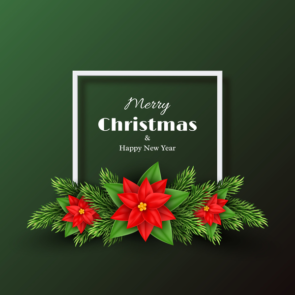 Green christmas with new year background with red flower vector